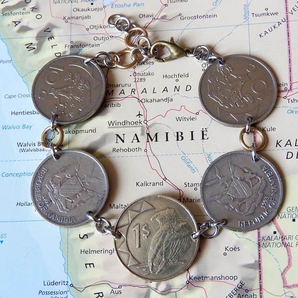 Namibia lotus coin bracelet - flat - made of original coins - Bateleur eagle - aloe plant - Camelthorn tree