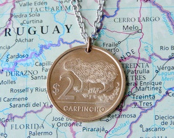 Capybara / Carpincho coin necklace/keychain - genuine coin from Uruguay- Encanto necklace - Chispi the Capybara - chigüiro