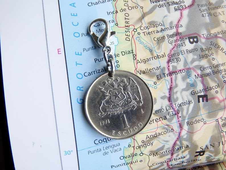 Chile coin charm 2 different designs made of original coins from Chile travel charm wanderlust gift Coin charm 1