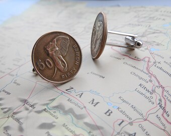 Zambia coin cufflinks - made of original coins - Africa - travel cufflinks - elephant cufflinks - Africa souvenir