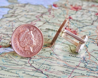 Great Britain 1 penny cufflinks 1998-1999-2000-2001-2002-2003-2004-2005-2006-2007-2008-2009-2010-2011-2012-2013-2014 Elizabeth cufflinks