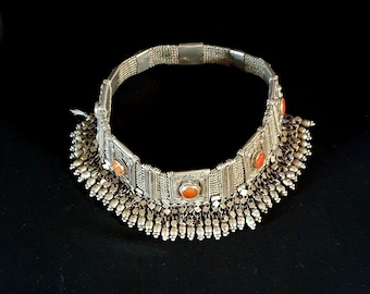 Rare Ceremonial Tribal Jewelry - Vintage Turkmen "Teke" Headdress - Silver & Carnelian Head Crown