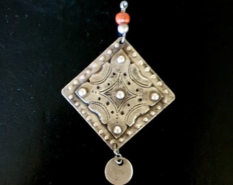 Morocco - Berber silver pendant, old coin and coral bead