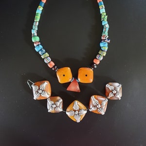 Morocco - Venetian Millefiori Glass Beads, Resin Beads with Silver Fatima Hand & coral beads