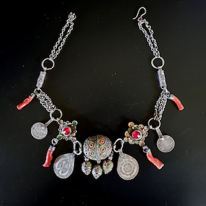 Morocco - Berber silver necklace with egg &quot;Taguemout&quot; enamelled plates, red glassware, genuine coral and old coins in pendants