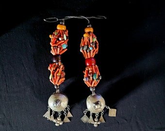 Rare temple ornament - Braid pendants - Berber jewelry - Morocco - Ethnic - Coral beads and beads