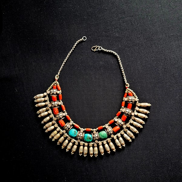 Collier en argent, Perles de corail véritables et turquoise - Inde