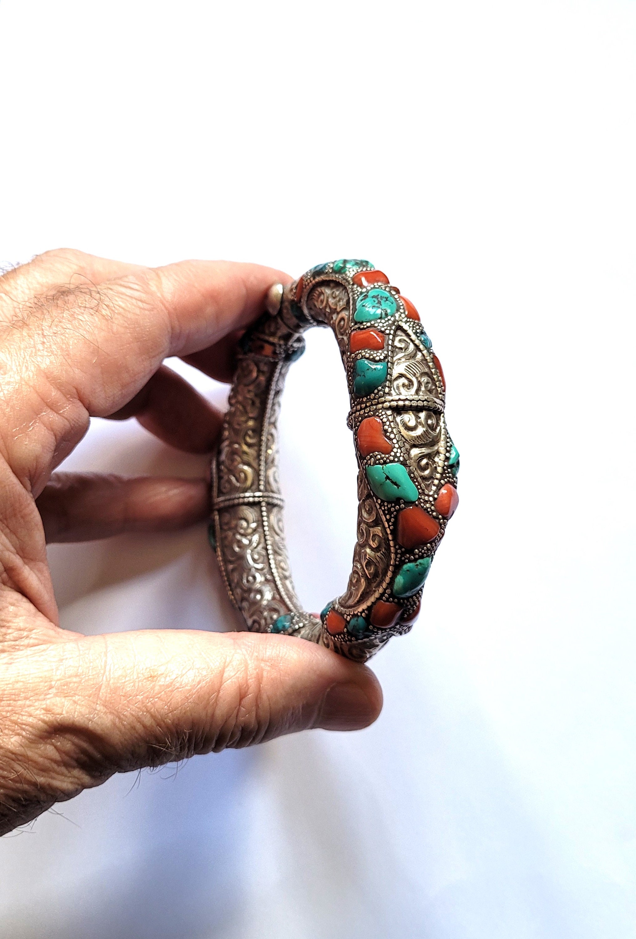 Rare Old Articulated Bracelet Silver Cabochons of Turquoise