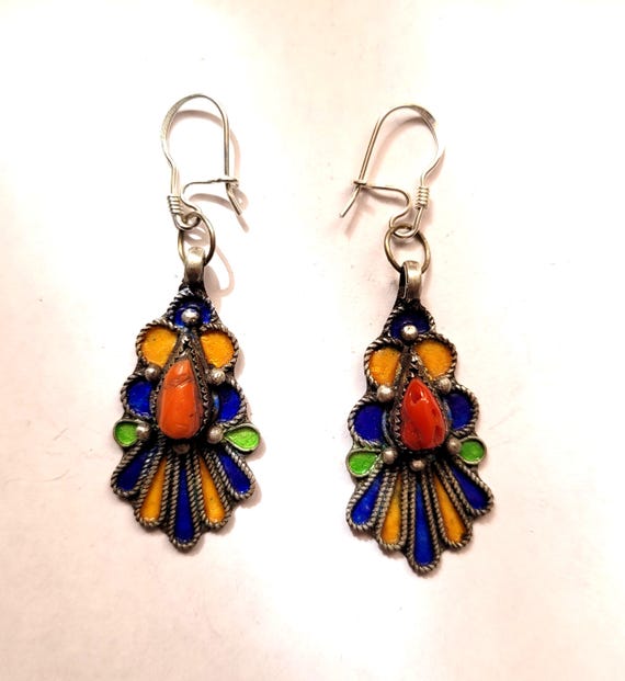 Boucles D'oreilles En Argent Avec Corail Rouge Orangé - Vintage Vers 1980, Occasion