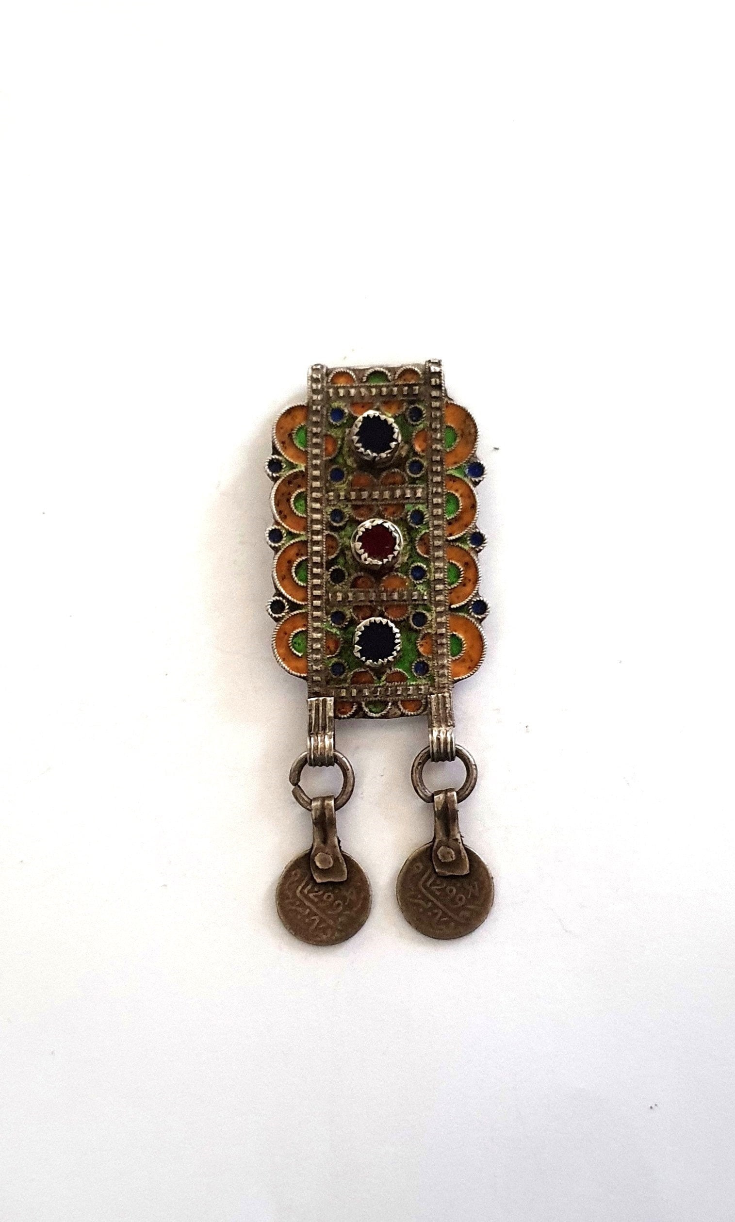 Maroc Ancienne Amulette ou Talisman Hirz Herz Pendentif Argent Émail et Verroterie Cabochons