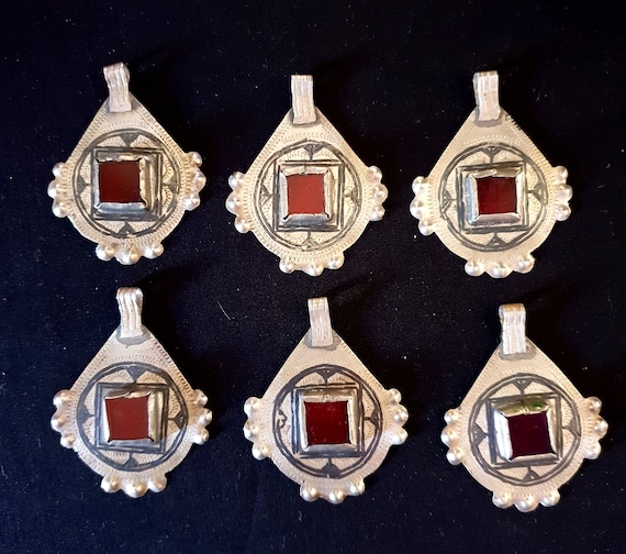 Morocco - Set of 6 old silver pendants and red gla