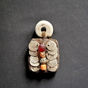 Antique AMULETTE / TALISMAN Lucky charm - Leather - Shell - Coral - antique coins &quot;Hassan 1st&quot; from Morocco