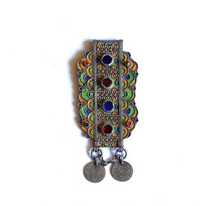 Morocco old Silver Amulet “Hirz” or “Herz” Pendant, Enamel and Glass cabochon