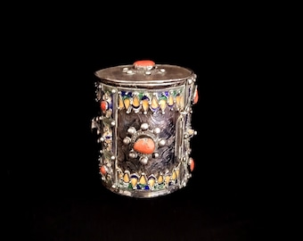 Old jewelry box Silver - Enamelled - Coral cabochon - Kabylia - Algeria