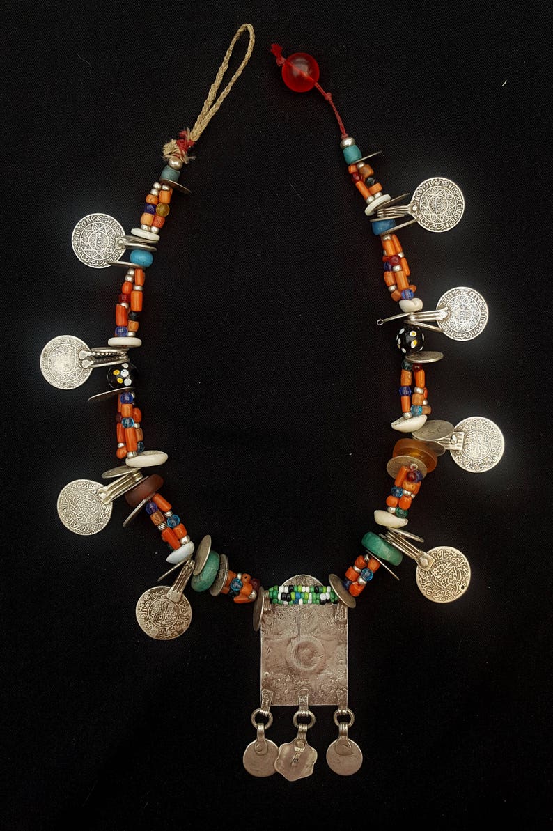 Collier Ancien En Argent Massif - Style Ethnique Berbère émaillé - Pièce D'occasion