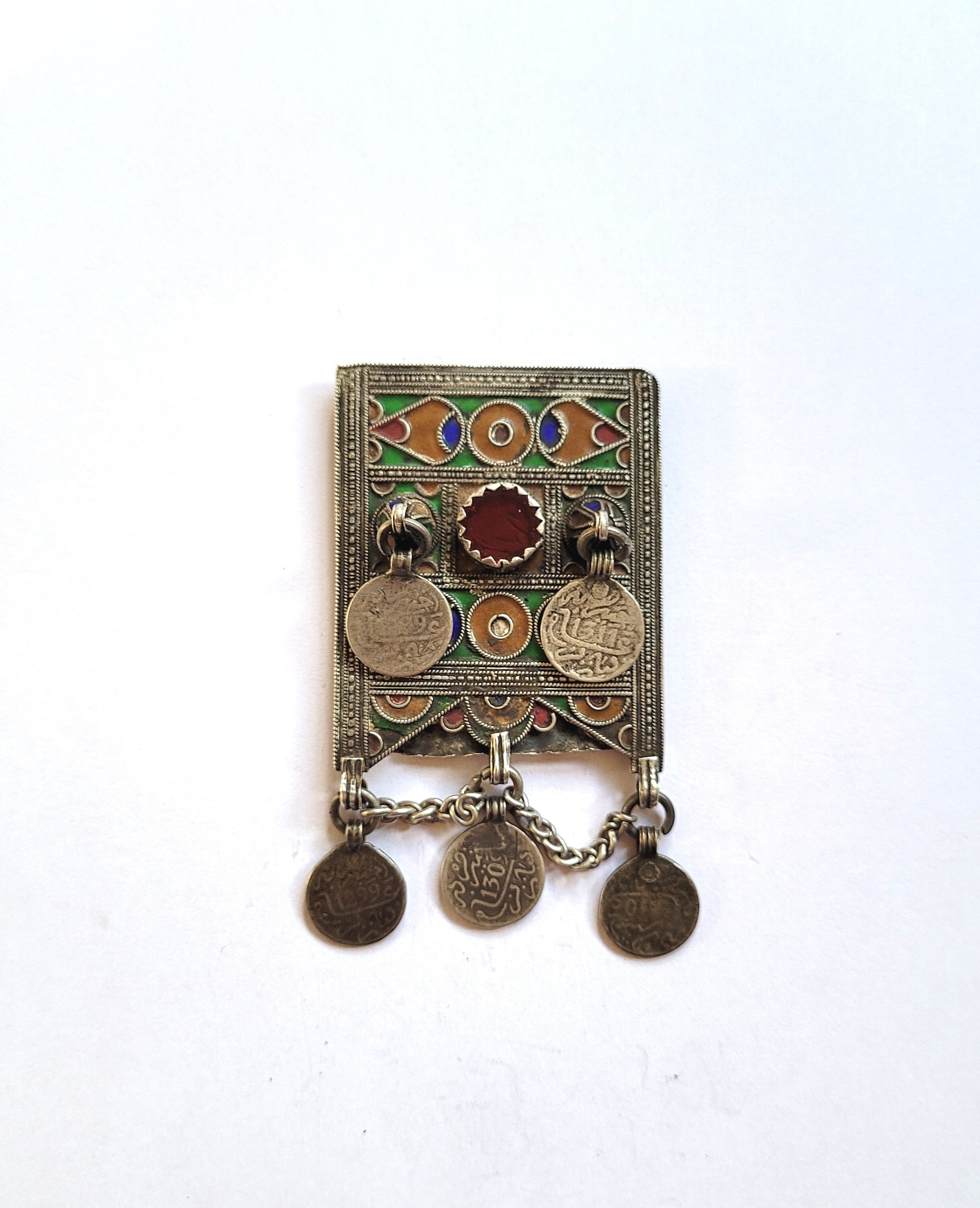 Antique Talisman Berbère -Herz - en Argent et Émail de La Région Tiznit-Tafraoute Dans L'anti-Atlas