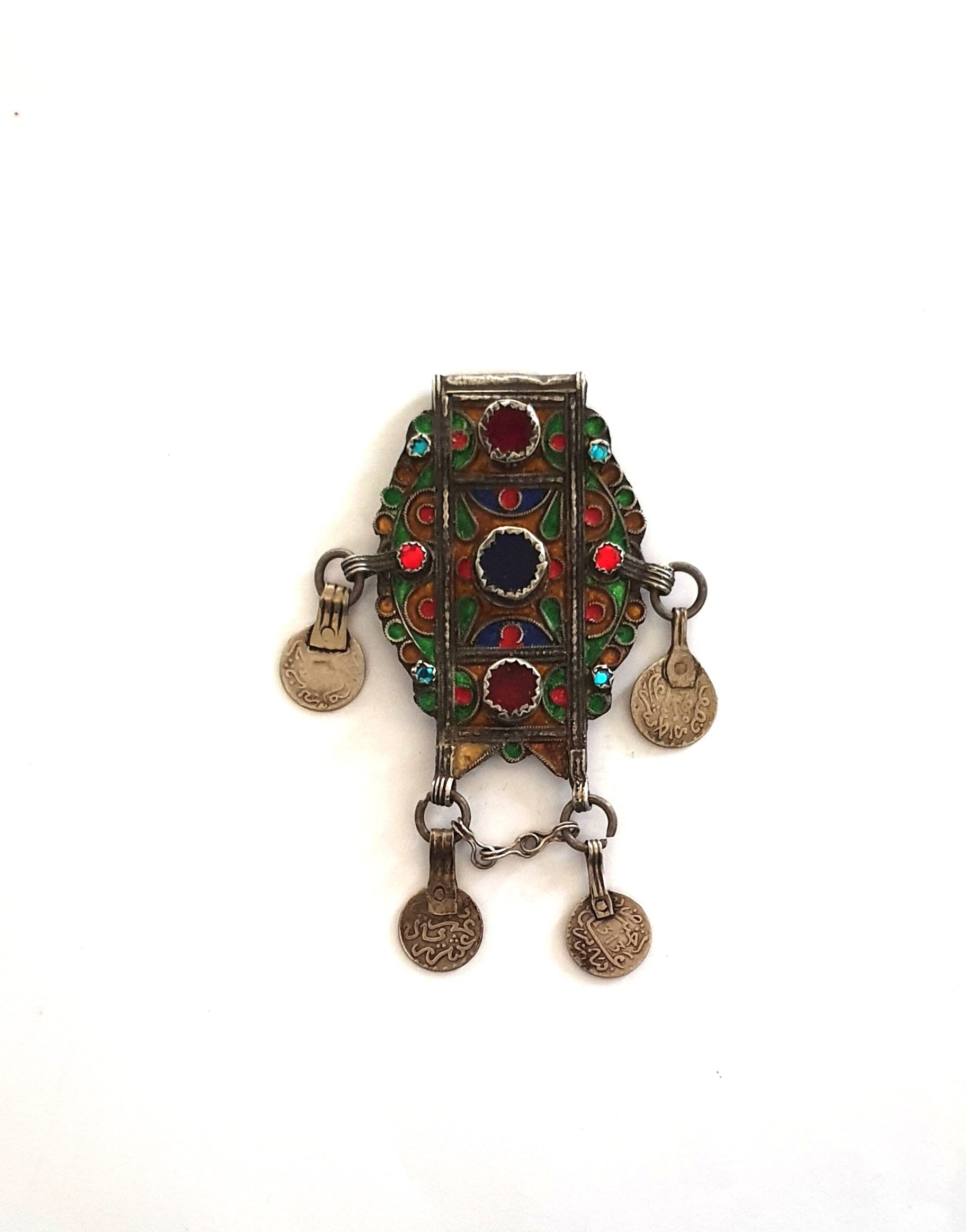Maroc Ancienne Amulette ou Talisman Hirz Herz Pendentif Argent Émail et Verroterie Cabochons