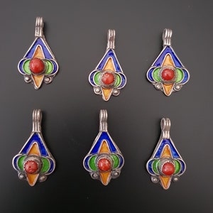 Morocco - Lot of 6 beads in silver, enamel and genuine coral pendants for necklace