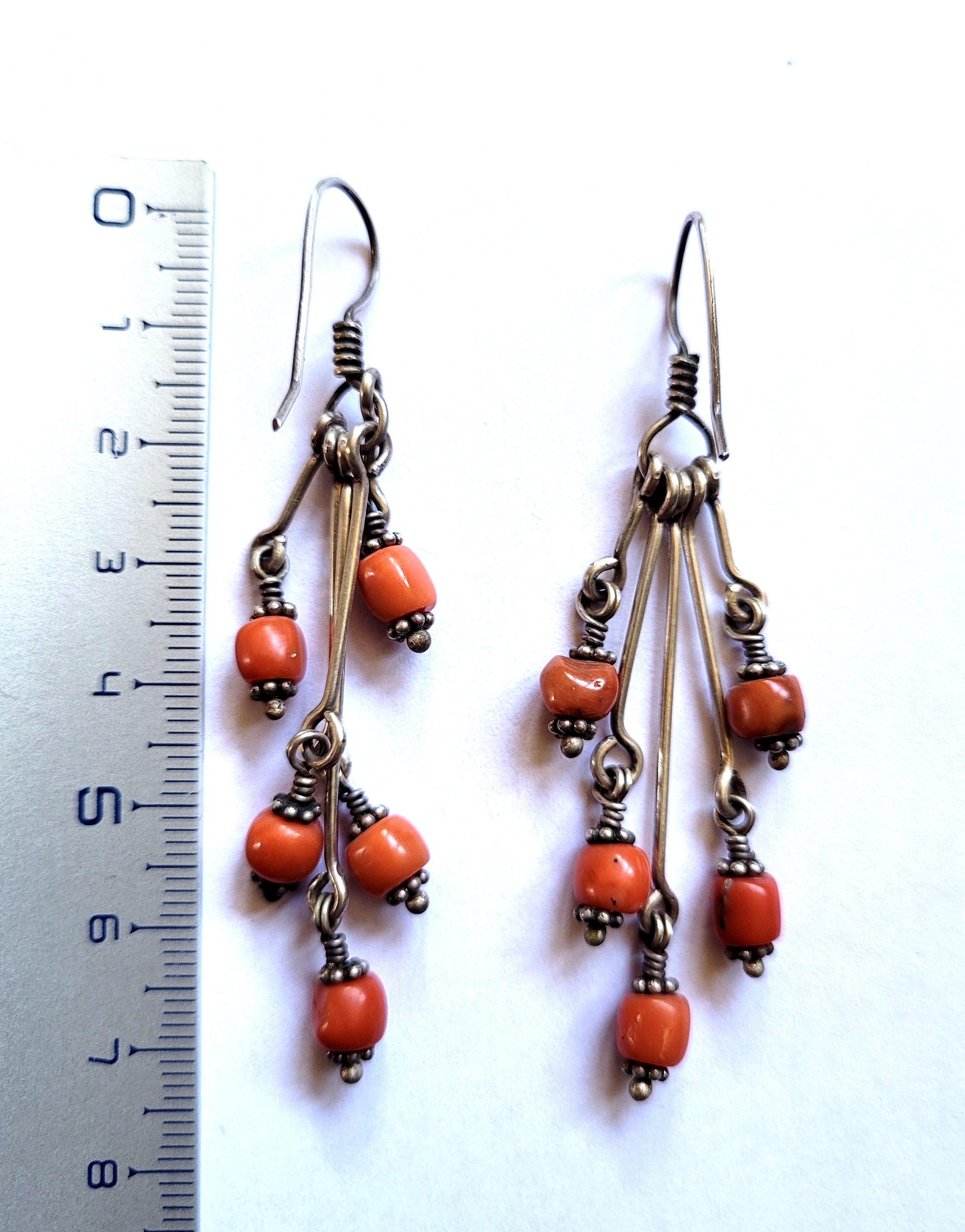 Boucles D'oreilles Anciennes En Argent Massif Avec Perle Grise Véritable Et Corail Rose - Pendantes Style Dormeuses, Occasion