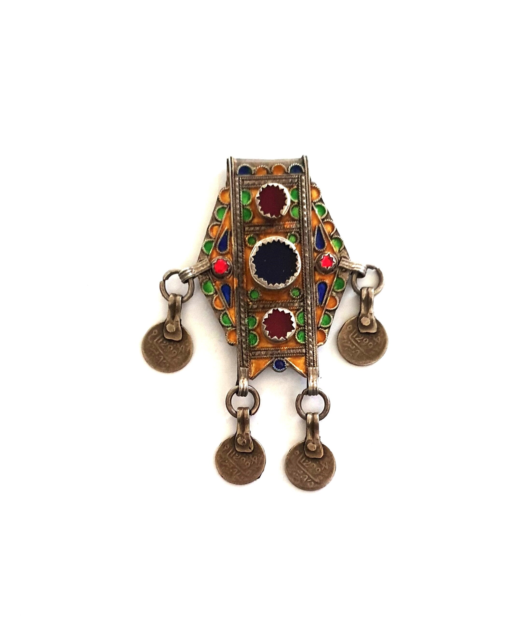 Maroc Ancienne Amulette ou Talisman Hirz Herz Pendentif Argent Émail et Verroterie Cabochons