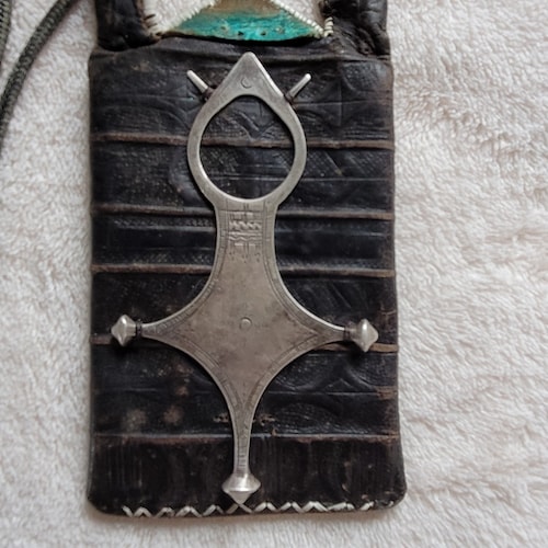 Tuareg Talisman - “Agadez” Silver Cross Amulet on old leather - shops Niger
