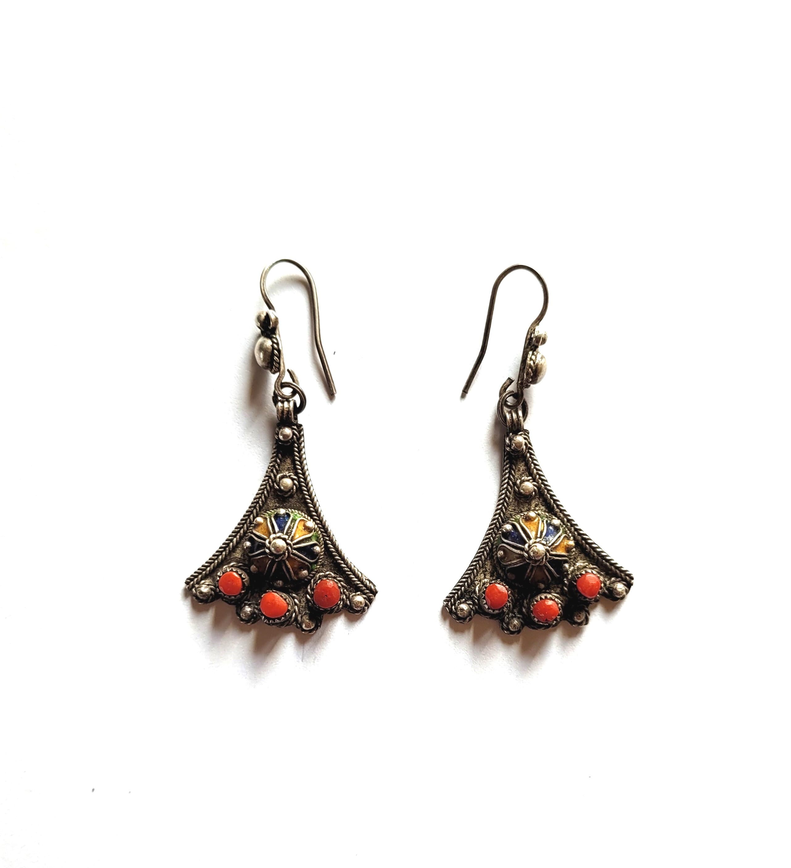 Boucles D'oreilles Argent émaillé & Corail Naturel - Artisanat Berbère - Occasion