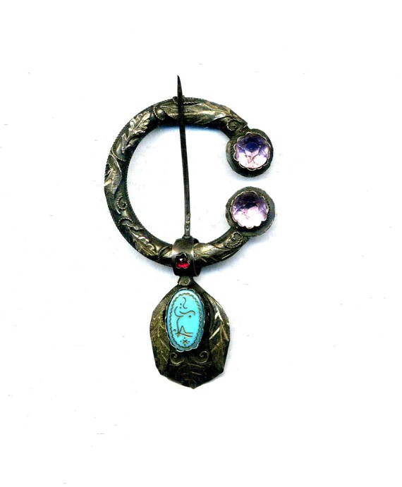 Fibule Ancienne (broche) En Argent Massif Avec Pierre Turquoise Bleue - Poinçon Sanglier - Ethnique, Occasion