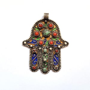 Hand of Fatima - Khamsa - Essaouira - Silver - Enameled - Coral and turquoise beads - Morocco