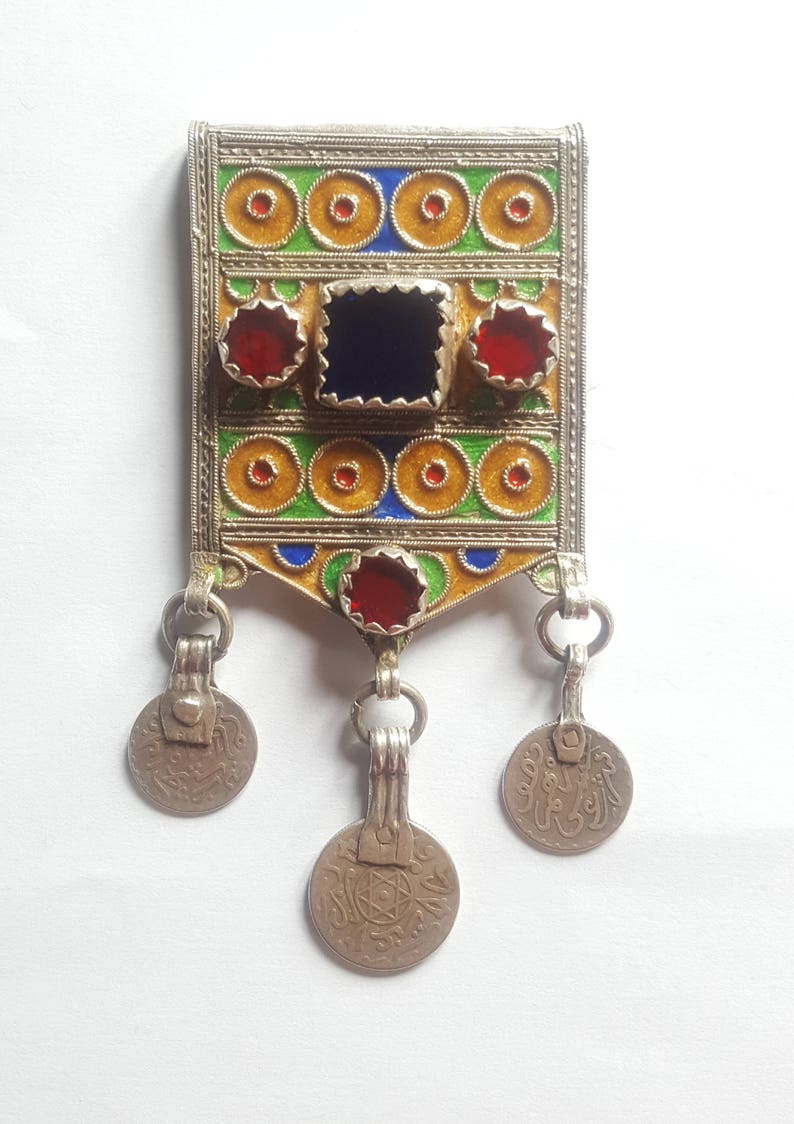 Enamel and Glass cabochons Morocco old Silver Amulet \u201cHirz\u201d Pendant