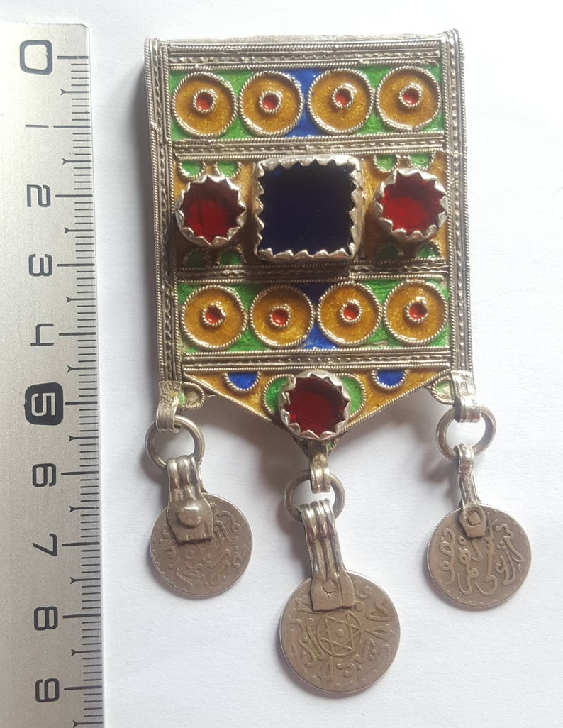 Enamel and Glass cabochons Morocco old Silver Amulet \u201cHirz\u201d Pendant