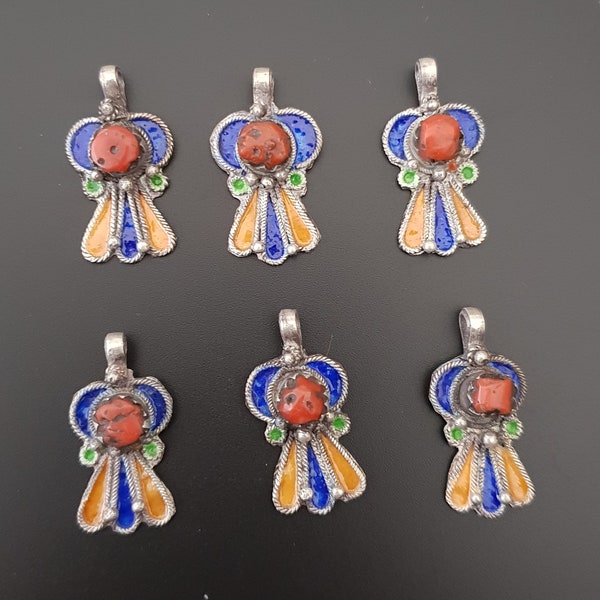 Morocco - Lot of 6 beads in silver, enamel and genuine coral pendants for necklace