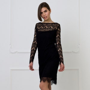 Black lace dress with sleeves, Occasion dress, Wedding guest dress, Elegant Cocktail dress midi, Black formal dress for women