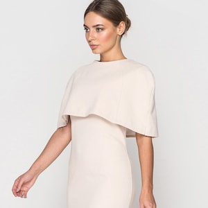 White Midi Cocktail Dress Removable Cape Elegant Wedding Guest Outfit Graduation Designer Minimalist bridal attiret semi formal Elopement