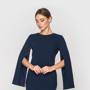 Elegant Navy Blue Cape Sleeve Dress, Midi Cocktail Dress for Women, Sheath Formal attire, Chic Evening Dress, Wedding guest outfit