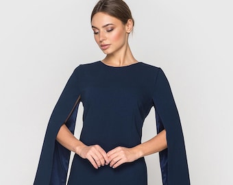 Navy Blue Cape Sleeve Midi Dress, Formal Cocktail Sheath