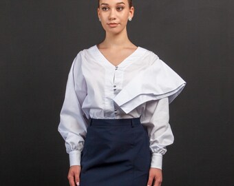 White Cotton Ruffle Blouse Unique Asymmetric Designer Top Long sleeve v-neck dressy shirt women Office blouse puff sleeve Elegant minimalist