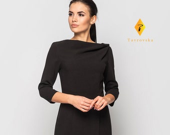 Black cowl neck dress with sleeves, Dresses for women formal,  Holiday work party dress, little black dress Smart dresses for work TAVROVSKA