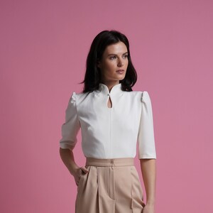 Mandarin collar blouse women, Qipao high neck blouse, Keyhole office shirt women, Fitted retro blouses, White elegant blouse