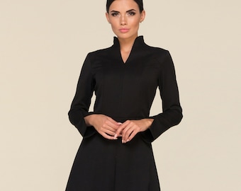 Elegant Black A-Line Midi Dress with Sleeves High Neck Mandarin Collar Modest Cocktail Business Wear Women Formal wedding guest TAVROVSKA