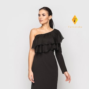 One shoulder black dress, Asymmetrical Cocktail Dresses for women, Occasion dress, Ruffle one sleeve wedding guest dress TAVROVSKA