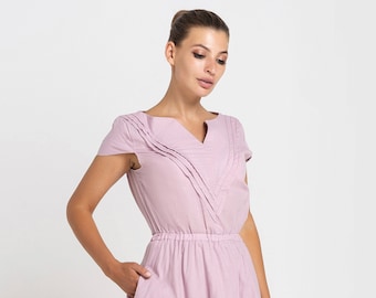 Summer Pink shirt dress, Cotton Dresses for women, Midi Fit and flare Women clothes, Pleated Blouson Dress, Elastic waist dress TAVROVSKA