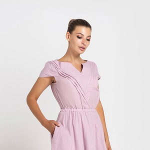 Summer Pink shirt dress, Cotton Dresses for women, Midi Fit and flare Women clothes, Pleated Blouson Dress, Elastic waist dress