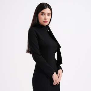 Elegant Black Midi Dress with Bow, Wedding guest dress, Long Sleeve Business Cocktail Dress, Minimalist Pencil Dress for Women TAVROVSKA