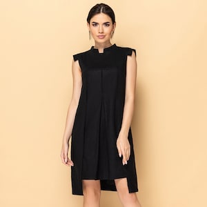 High neck linen dress, Summer Casual Dresses for women, Cocktail Mandarin mini sundress, Shift black flax dress TAVROVSKA