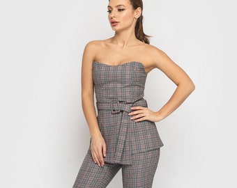 Off shoulder jumpsuit women, Formal elegant womens suit, Two piece set overalls women, Evening plaid jumpsuit TAVROVSKA