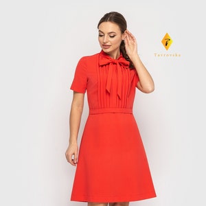 Red Bow neck dress with short sleeves, Pintucked dress mini, Fit And Flare Empire Waist Short Dress, Elegant office dress women TAVROVSKA