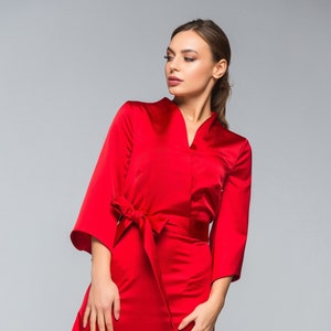 Red kimono dress women, High neck asian cocktail dress, Stand collar business japanese Dress, Satin chinese wedding guest dress TAVROVSKA