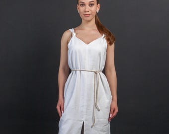 100% Pure Linen Midi Dress Summer Knot Straps White Linen Sundress with Pockets and Belt Summer Slit Dress Eco Friendly Sustainable Clothing