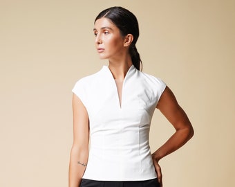 High neck white blouse women, V neckline short sleeve tops for women, Fitted retro office blouses woman, Cap sleeve womens top TAVROVSKA