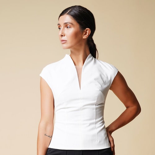 womens white high neck blouse